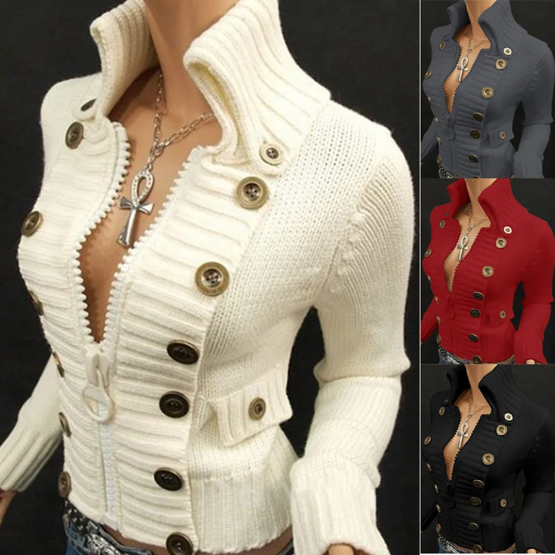 

Women's Fashion Slim Solid Color Sweater Autumn and Winter Leisure Long Sleeve Zipper Button Turtleneck Sweater