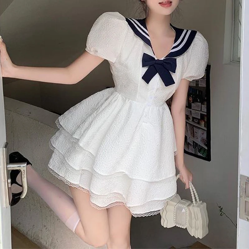 

Women Sexy Sweet Kawaii Bow Contrast Color Lace Party Dresses 2024 Summer Female High Waist Short Sleeve Slim Mini Dress Vestido