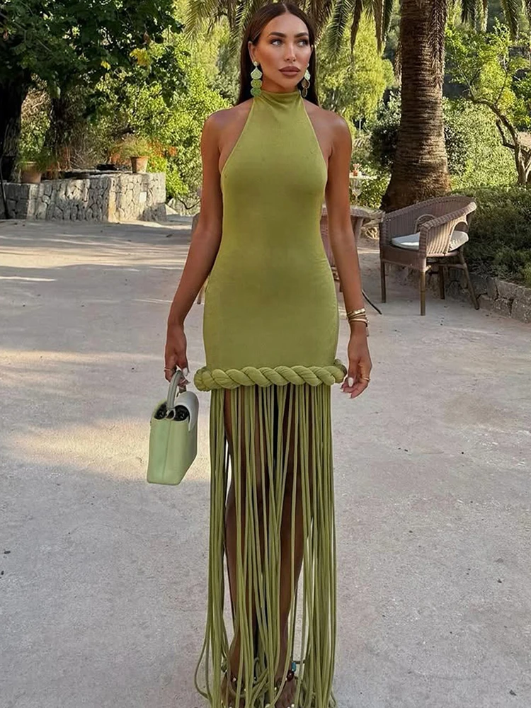 Sisterlinda Sexy Kleid mit Fransenbesatz Damen Neckholder Rückenfreies Elegantes Figurbetontes Stretch-Kleid für Sommerurlaub und Abendveranstaltungen – Detail 13