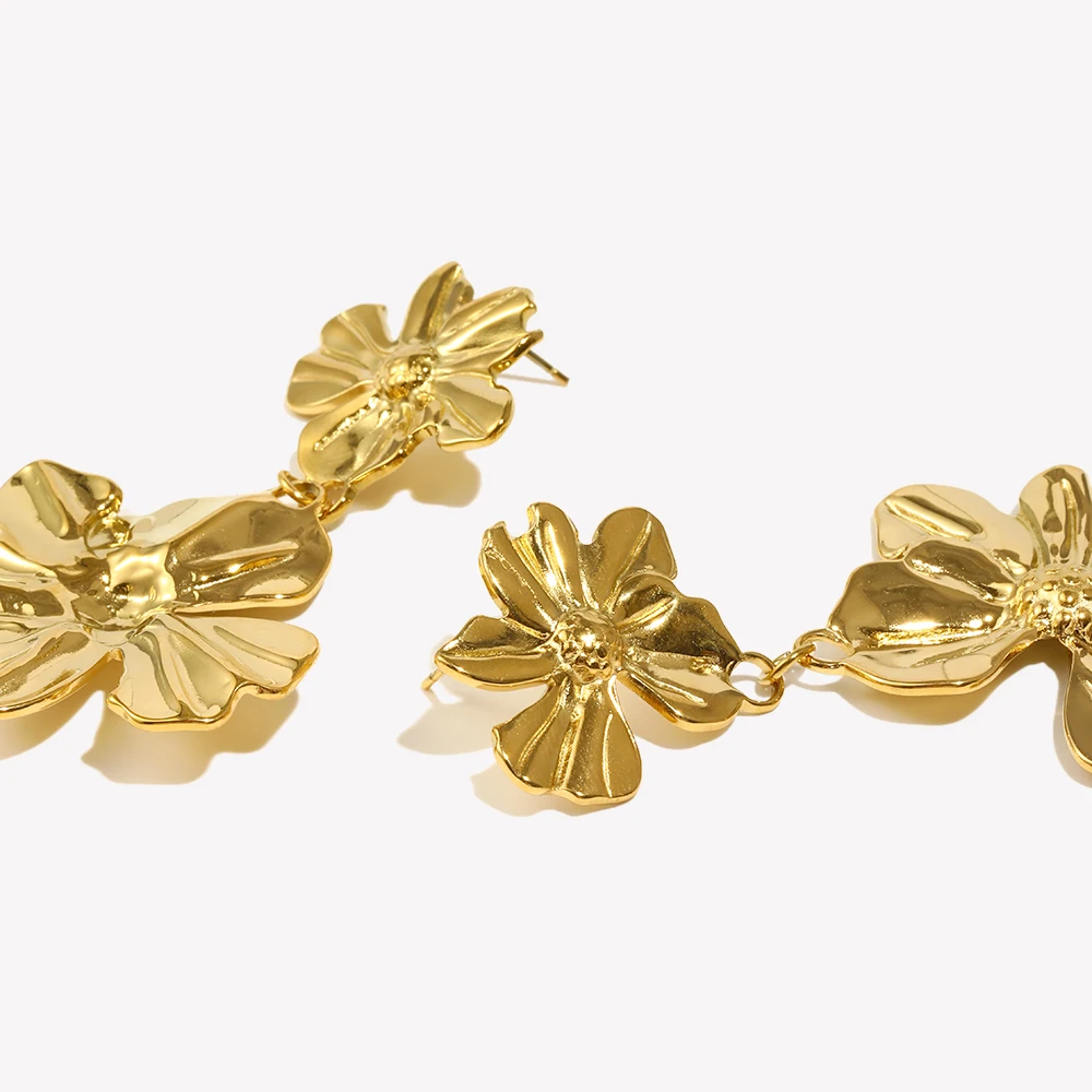 Two Flower Stitching Drop Earrings Waterproof Tarnish