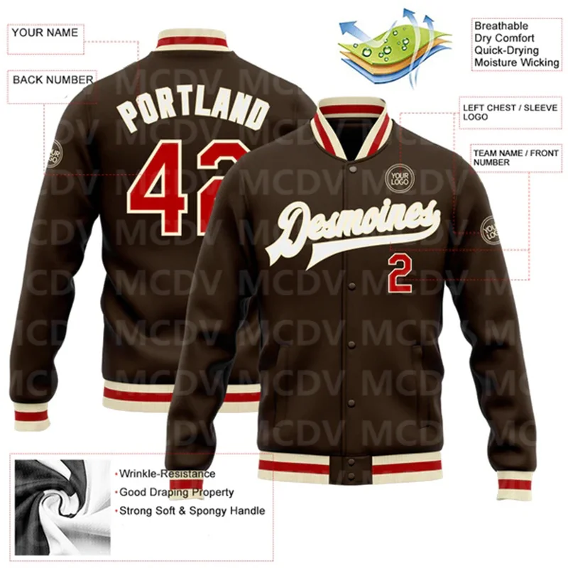 Custom Brown Red-Or Bomber Full-Snap Varsity Letterman Jacket custom white brown pinstripe brown orange bomber full snap varsity letterman jacket