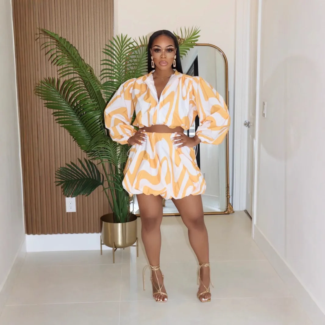 2025 Women's Long Sleeve V-Neck Top Casual Zipper Loose Slim Cute Puff Sleeve Suit Skirt Two piece Set Wholesale Dropshipping