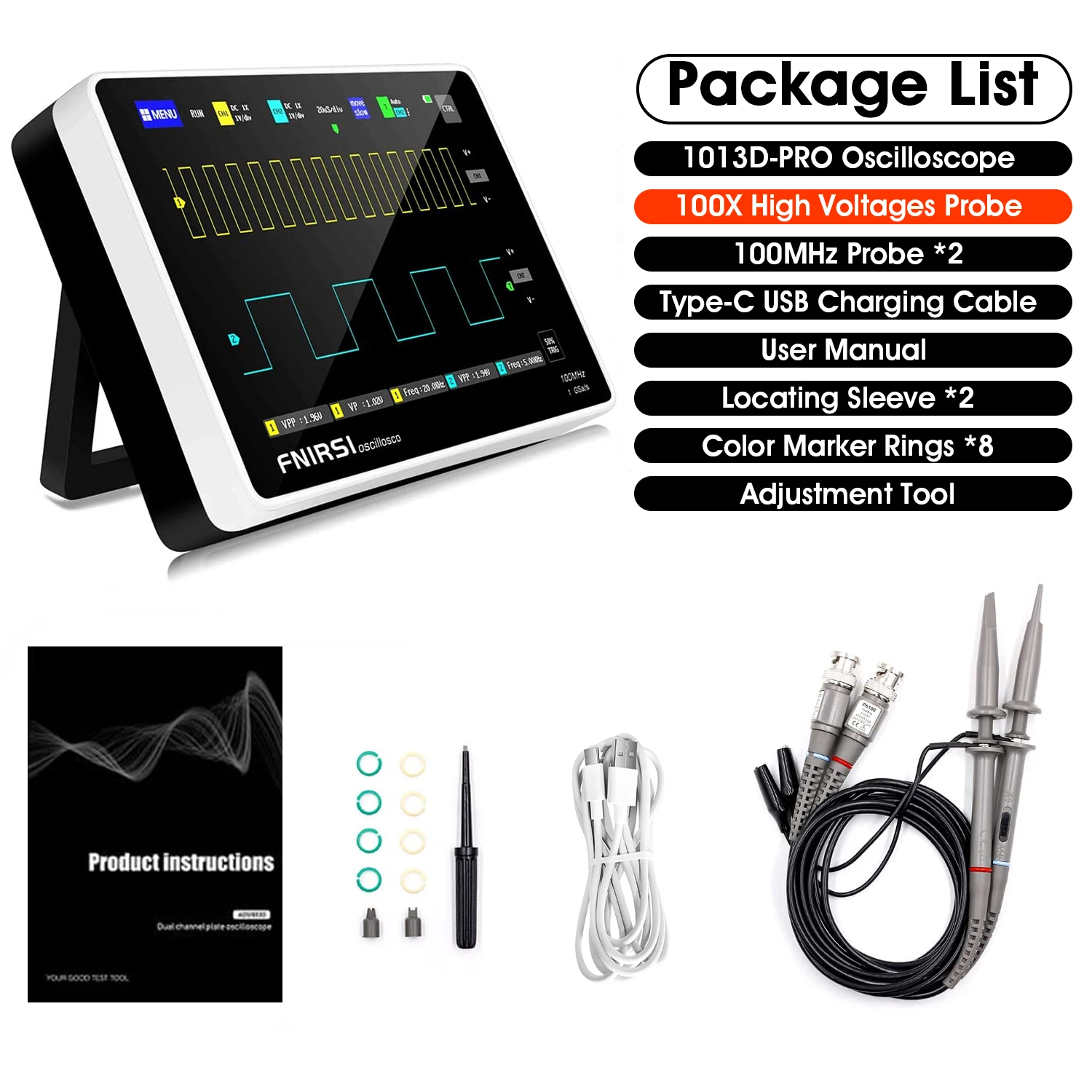 1013D Plus Oscilloscope Portable Handheld Tablet with 100X High Voltage Probe 2 Channels 100Mhz Bandwidth