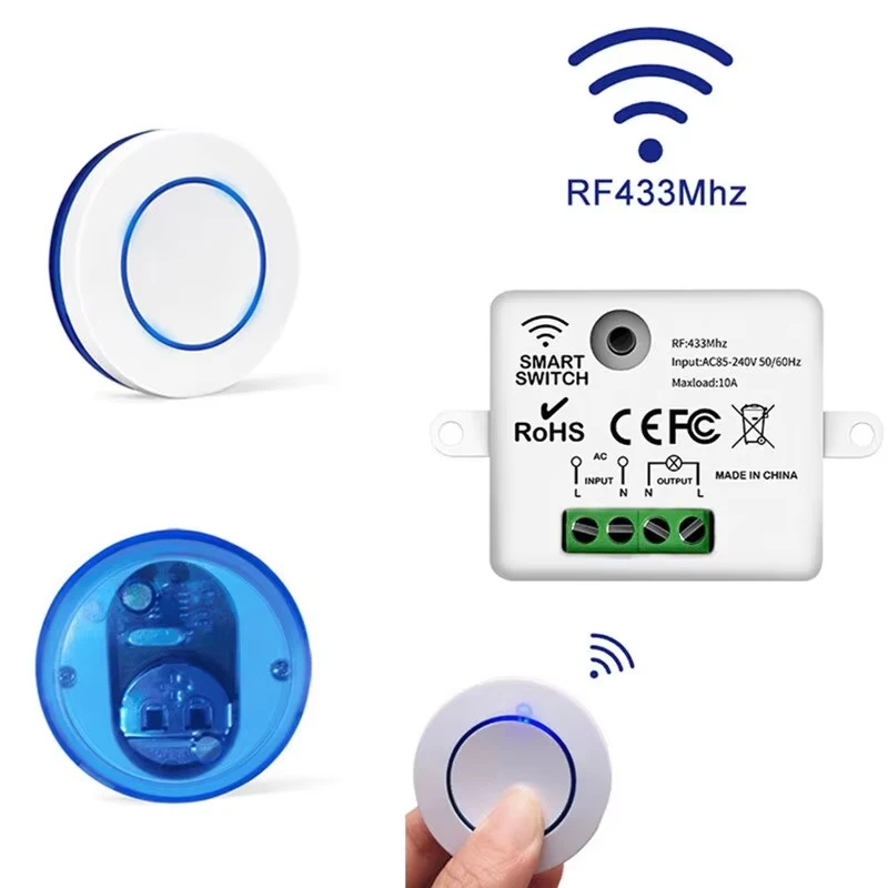 Wireless Light Switch 433MHz 10A Relay Breaker Remote Control 220V 110V Mini Round Button Wall Switch For Home LED Lamp
