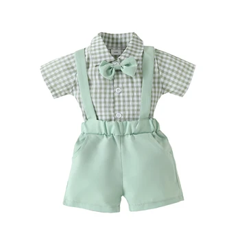 0-18M Baby Boys Summer Gentleman Clothes Toddler Short Sleeve Plaid Shirts Romper + Bow-tie + Suspender Shorts Overalls 1