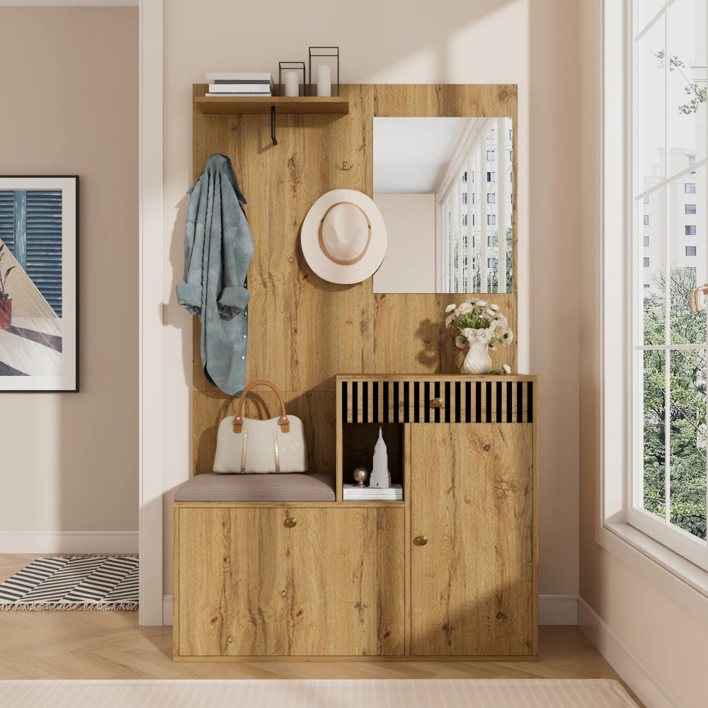 110 x 185,5 x 37 cm kompakter Kleiderschrank, mit Spiegel und Kissen, Flurgarderobe, Flur- und Bodengarderobepaneele, Schuhschrank – Detail 6