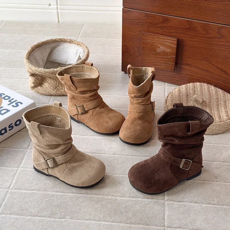 패션 스웨이드 PU 가죽 부츠 가을 겨울 신상 여자 레트로 벨벳 보이 앵클 워머 신발 플랫 사이즈 23-34