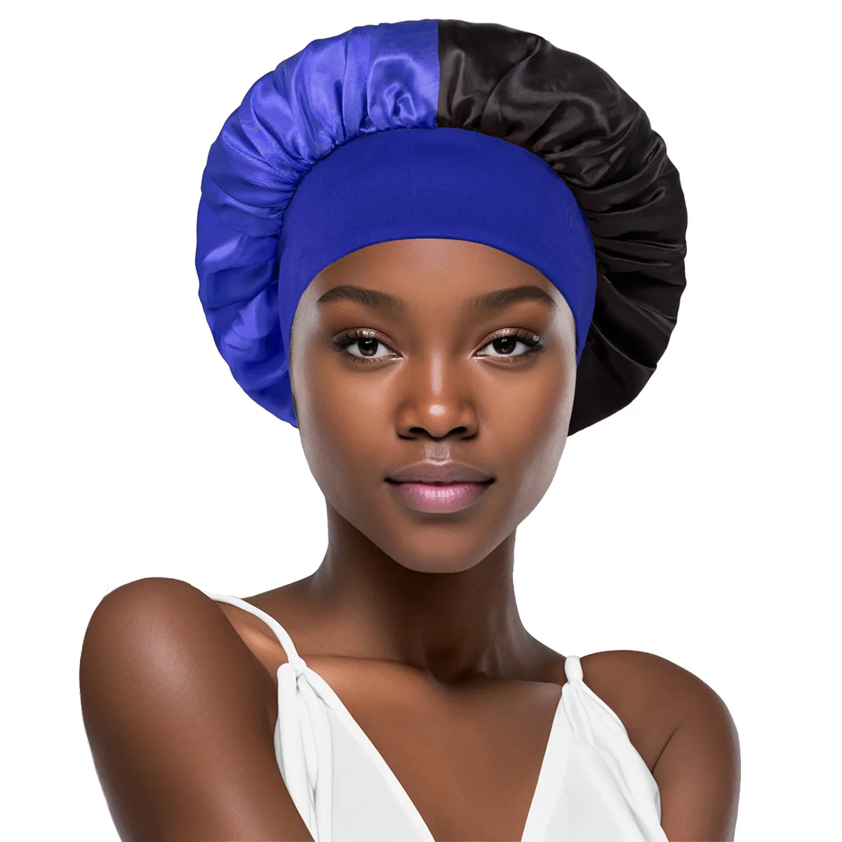 Women's Satin Solid Wide-brimmed Sleeping Hat Unisex Color-block Head Wrap Elastic Band Cap Hair Care Bonnet Night Hat 3