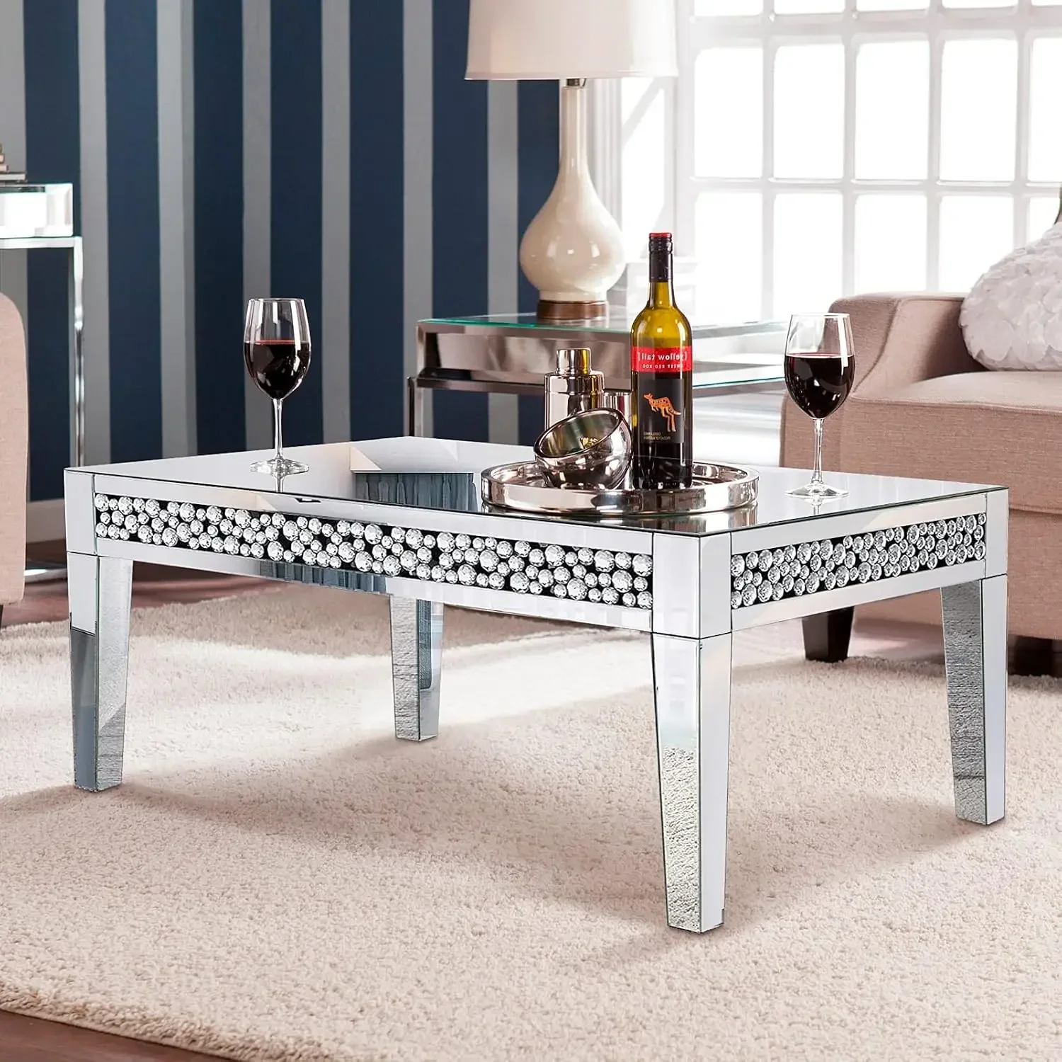 Rectangle Mirrored Coffee Table Silver Living Room Table with Cryatal Diamond Inlay Modern Luxury Mirrored Furniture Tea Table 3