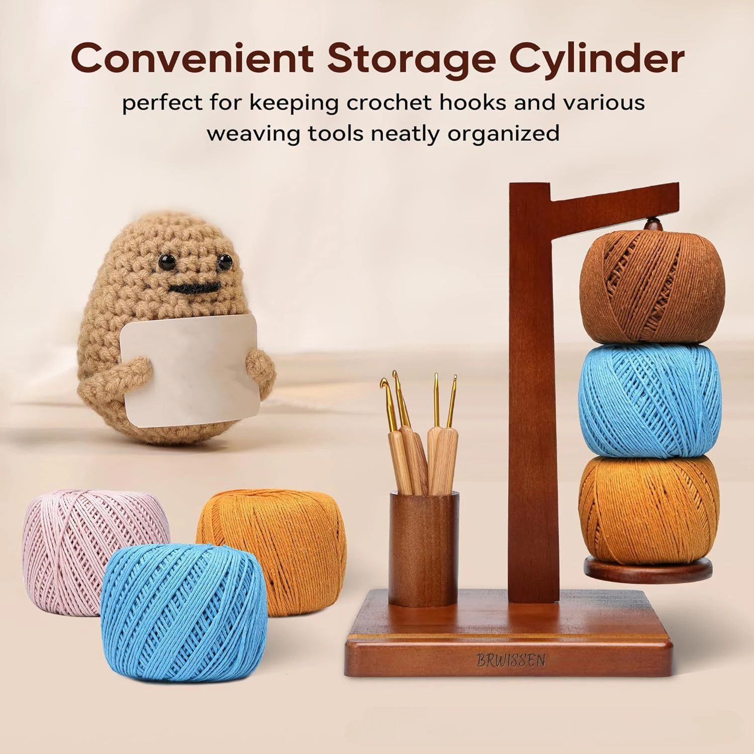360&deg; Rotation Spinner Wooden Yarn Holder Spinning Knitting Tools Crochet Holder Rotating Magnetic Thread Spool Wool Ball Winder
