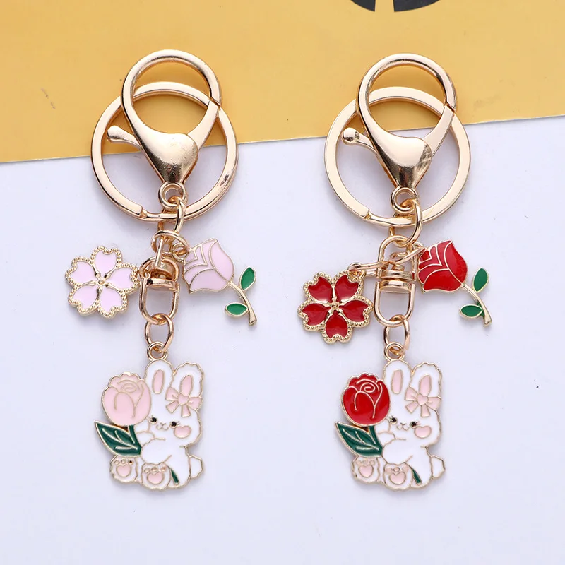 만화 벚꽃 토끼 키체인 장미 커플 토끼 키링 가방 장식, 소녀 발렌타인 데이 부활절 선물, 2024 신제품