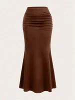 Solid Bodycon Ruched Long Skirt Women Sexy Black Elastic Elegant High Waist Mermaid Maxi Skirts Summer Streetwear