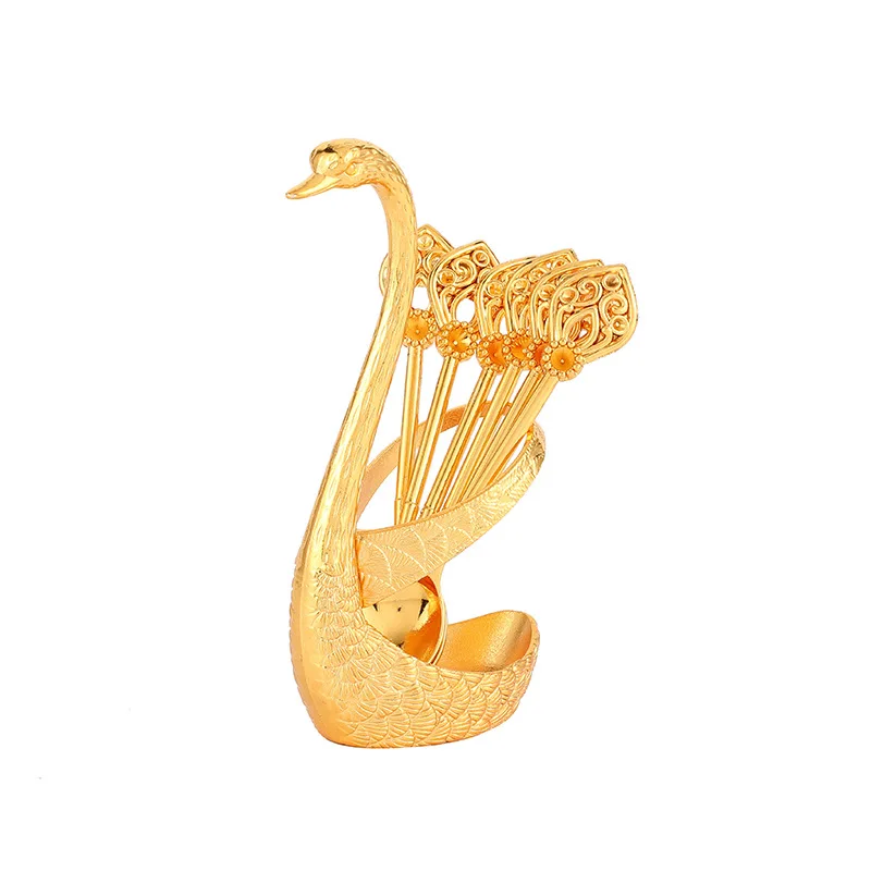 Description Picture 6 of item7PCS Stainless Steel Creative Dinnerware Set Decorative Swan Base Holder With 6 Spoons For Coffee Fruit Dessert Stirring Mixing