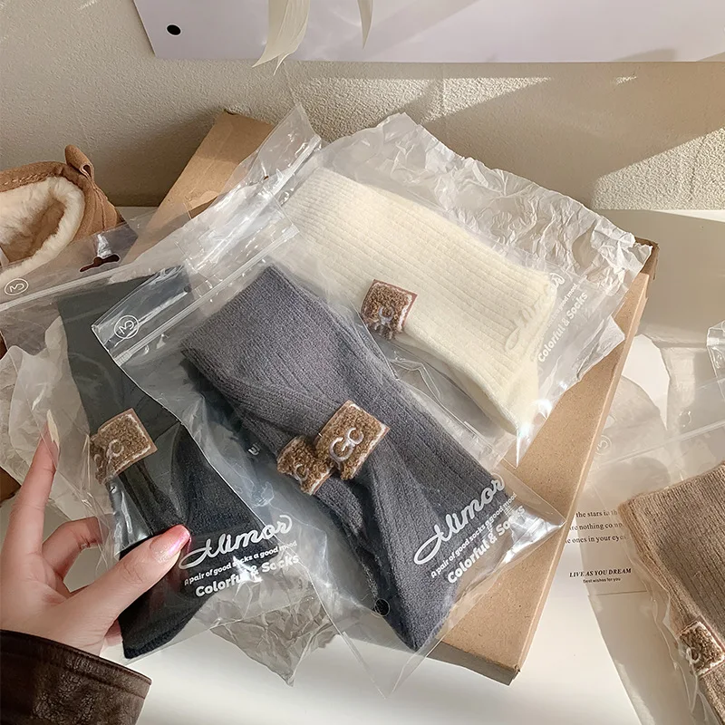 3 Pairs Wool Cashmere Socks Women Solid Thick Pile Socks Embroidered Logo Mid-Calf Casual Snow Boot women socks