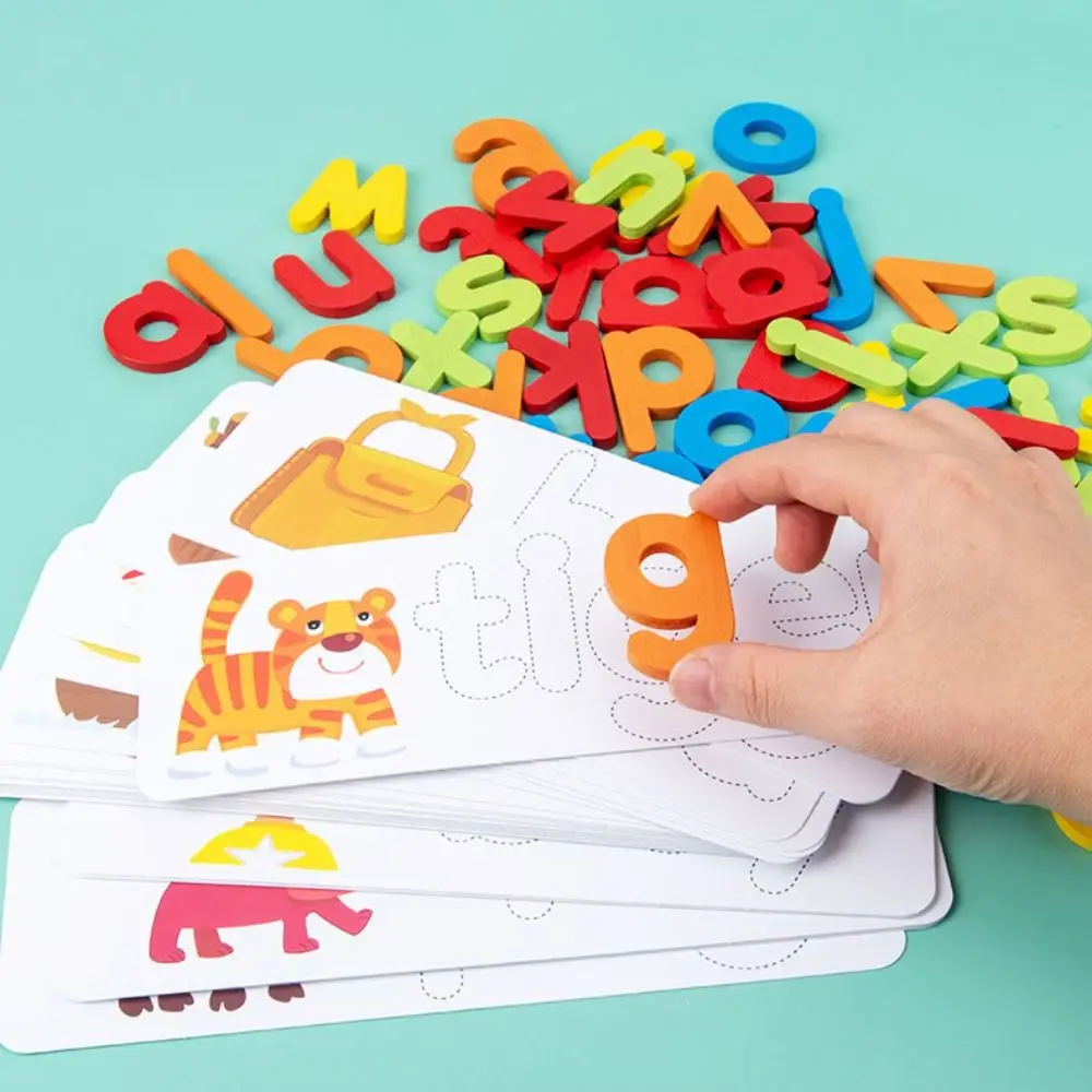 26 English Letters Wooden Word Spelling Game Double-Sided Pattern Matching Letters IQ Game Puzzle Cognitive Educational Toys
