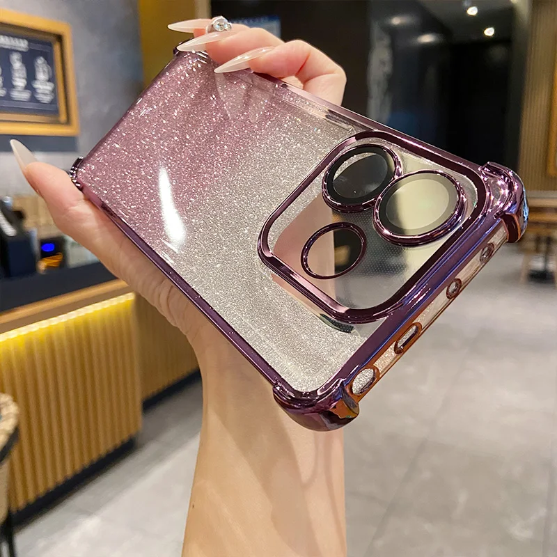Glitter Air Bag Plating Shockproof Soft Case with Full Lens Protection Back Cover