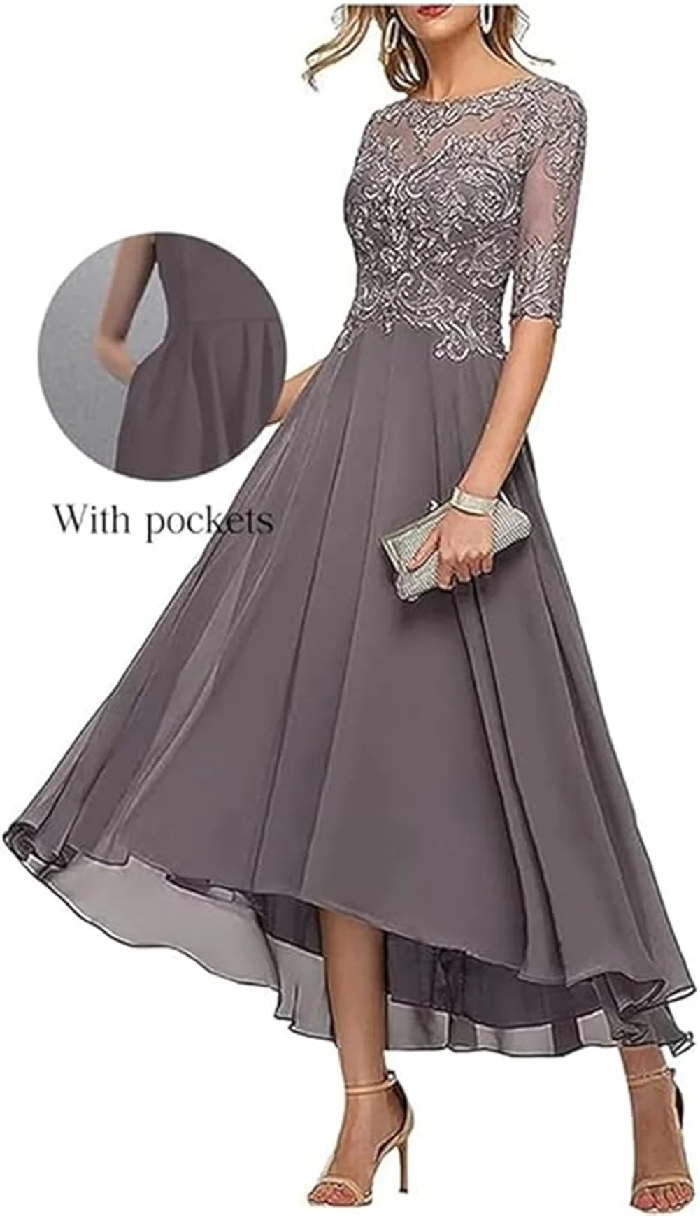 Lace Appliques Chiffon Mother Of The Bride Dresses For Wedding 3/4 Sleeves Tea Length Beaded Formal Evening Prom Dress For Women