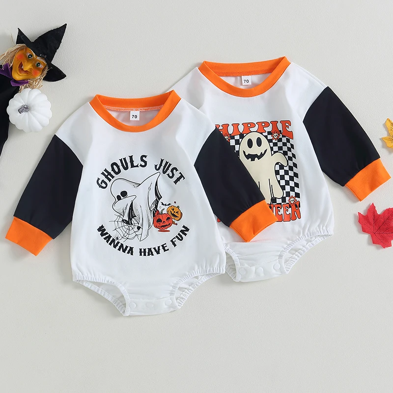 

2023-06-06 Lioraitiin 0-18M Baby Girls Boys Sweatshirts Halloween Bodysuit Pumpkin/Ghost Print Contrast Long Sleeve Jumpsuits