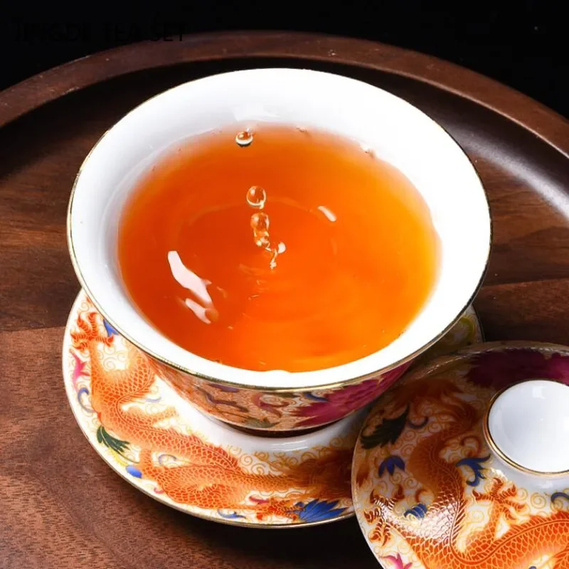 Palace Enamel Dragon Pattern Ceramic Gaiwan Chinese Handmade Teacup Travel Tea Bowl Home Teaware Accessories Drinkware 170ml