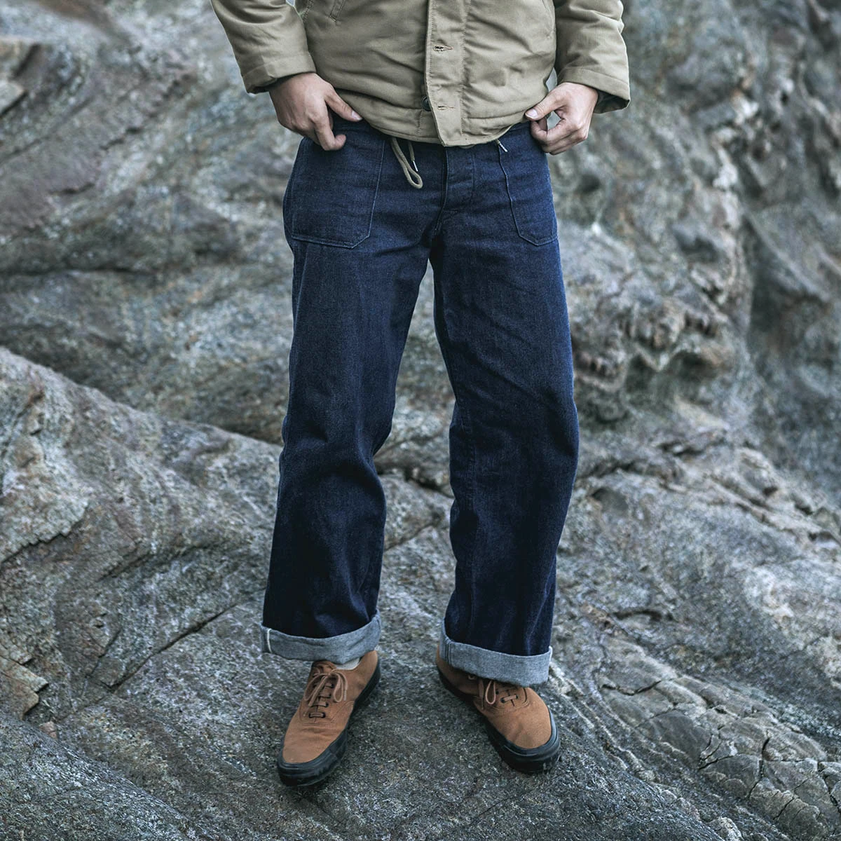 Bronson 1917 Navy Denim Deck Pants Vintage Dungaree Men Selvedge Jeans Loose Fit 4