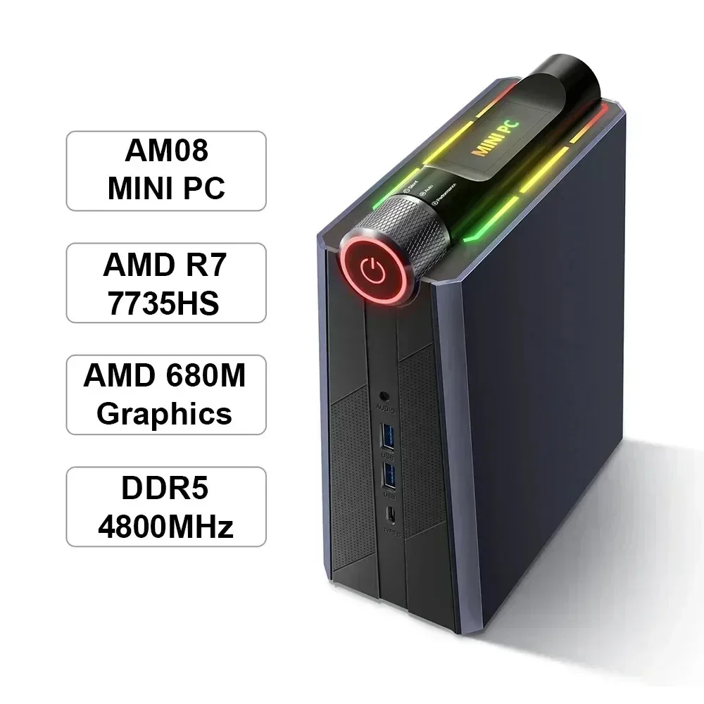 Chatreey AM08 미니 PC AMD Ryzen 7 7735HS 680M 8 코어 게이밍 데스크탑 다채로운 조명 컴퓨터 NVME SSD Wifi6 BT 5.0
