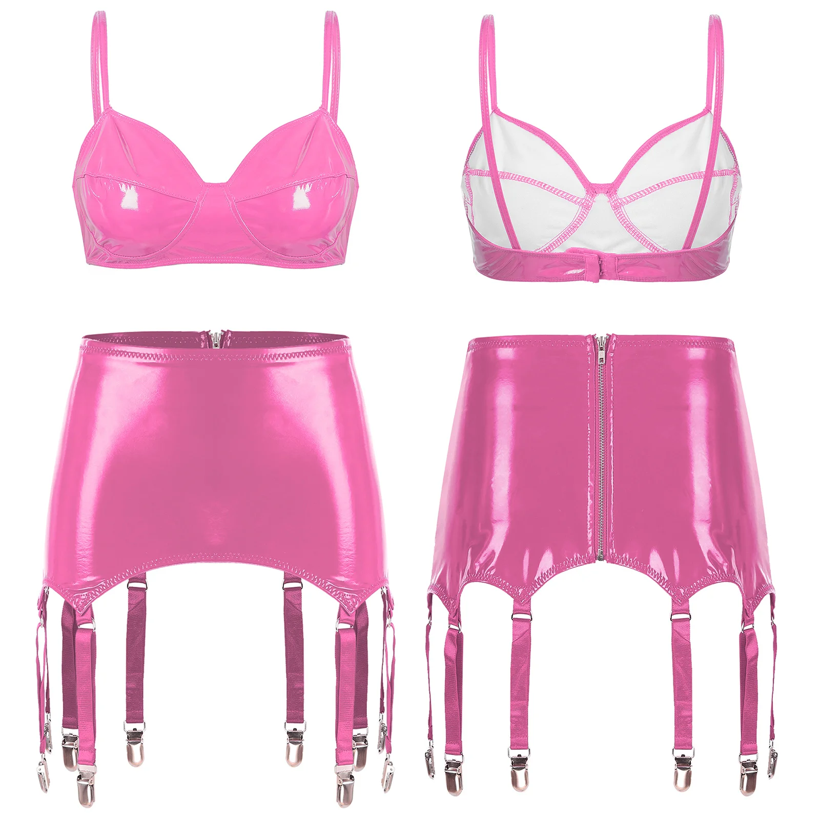 Conjunto de lencería de charol con aspecto mojado para mujer, con Clips de liga, sin aros, sujetador sin almohadilla, Top con minifalda, ropa Sexy para fiesta y discoteca