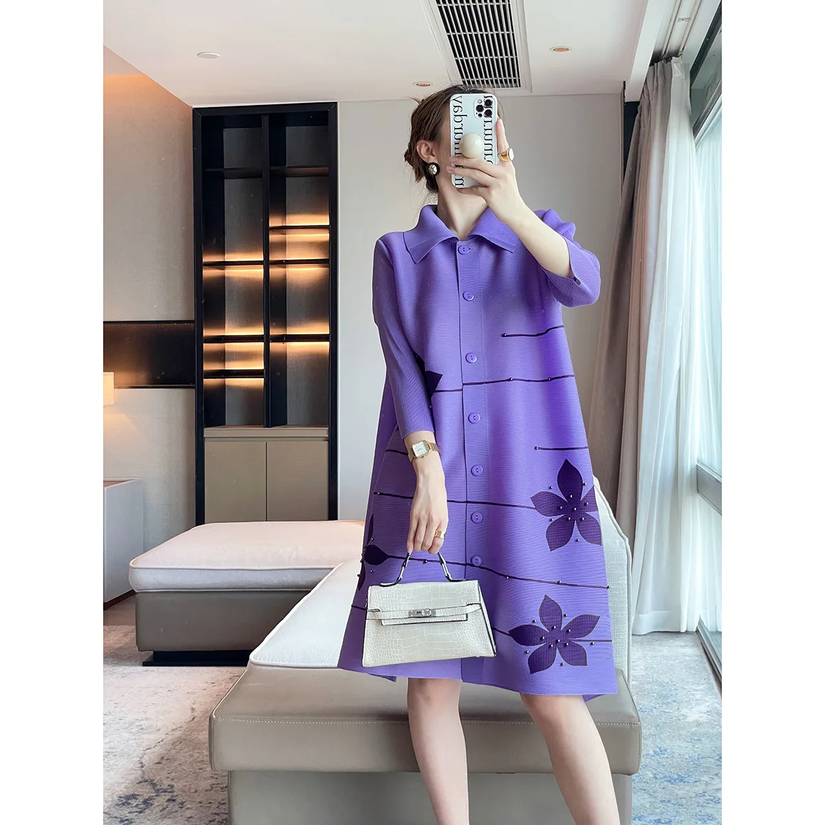 

Miyake Pleated Dress Women's 2023 Autumn New Lapel Single 4/3 Sleeves Buttoned Printed Beads Loose Large Size Elegant Dresses