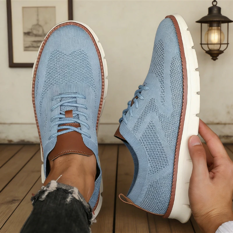 Fashionable Men's Casual Knitted Sneakers Breathable Lightweight Business Office Shoes Mesh Upper Non-slip Walking Shoes for Men