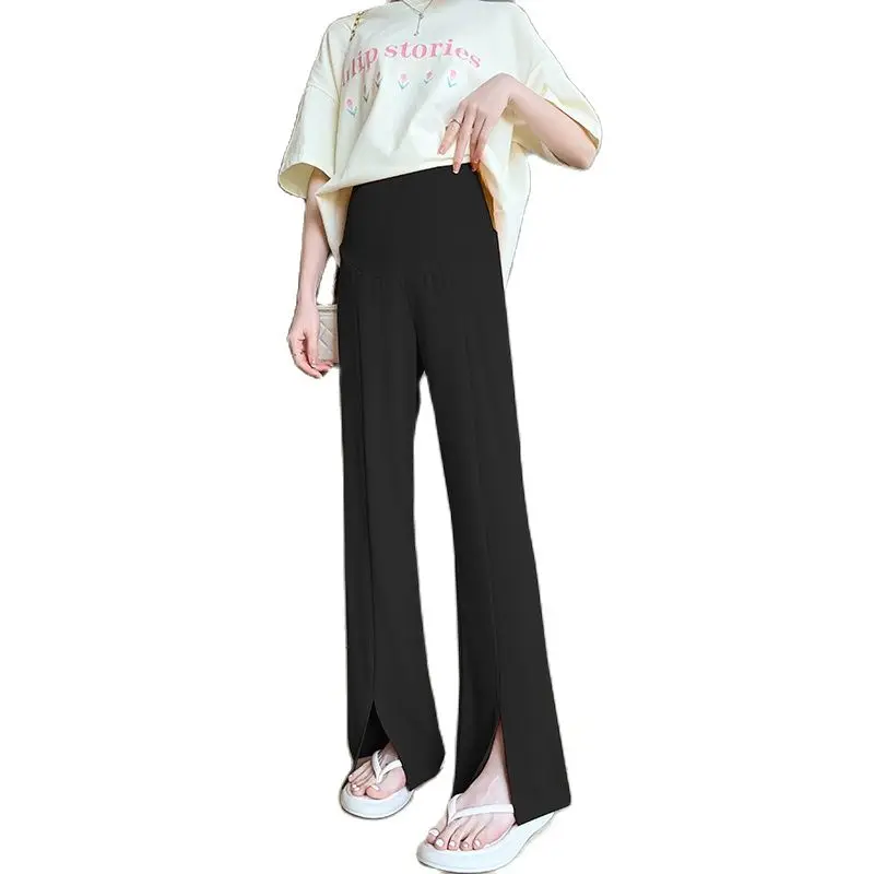 Thin Summer Pregnant Woman Belly Pants 2024 New Fashion Front Split Maternity Empired Trousers Solid Color Pregnancy Boot Cuts 2