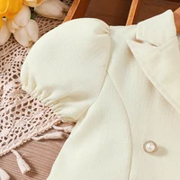 Robe décontractée pour fille à manches bouffantes, col en V, couleur unie, double bouton, bouton perlé 4