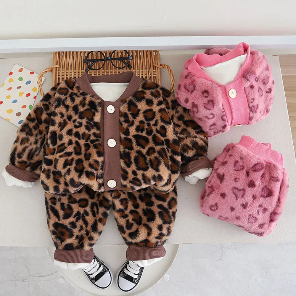

Handsome Leopard-Print Cotton Warm Set Children's Winter Plush Binding Off Long Sleeve Single Breasted Two Piece Set Cardigan