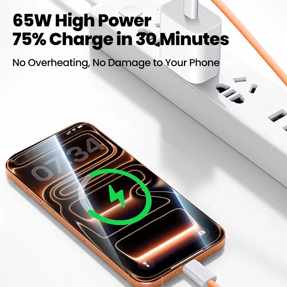 60W 고속 충전 데이터 케이블 퀵 차지 타입 C to 타입 C 오렌지 브레이디드 케이블 아이폰 15 16 17 삼성 듀얼 타입 C 케이블