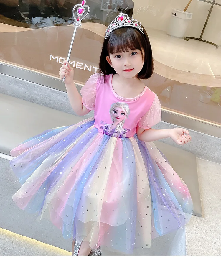 Girls Aisha Princess Dress Frozen Summer Children Rainbow Short Sleeve Dresses Baby Girl Cartoon New Fashion Elsa Clothing western dress