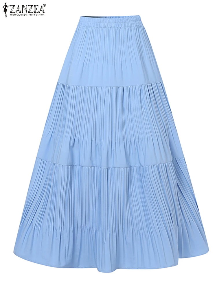 2025 ZANZEA Oversized Summer Maxi Skirts Women Elastic Waist Pleated Long Skirt Casual Solid Color High Waist Ruffled Skirts 5