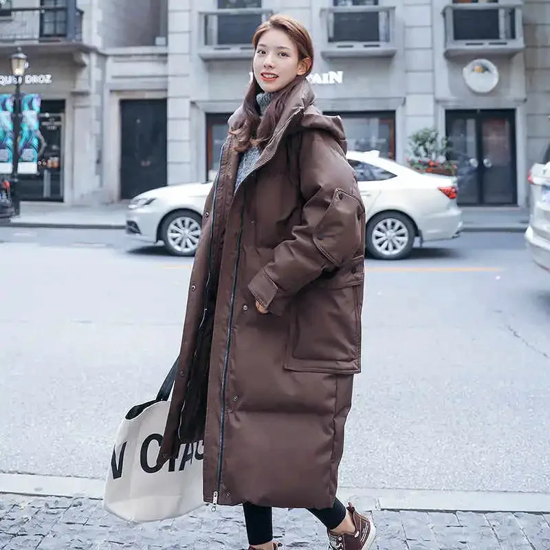 

Winter Jacket Women Hooded Loose Long Parkas Warm Slim Coat Woman Pocket Oversized Cotton Padded Outwear C7733