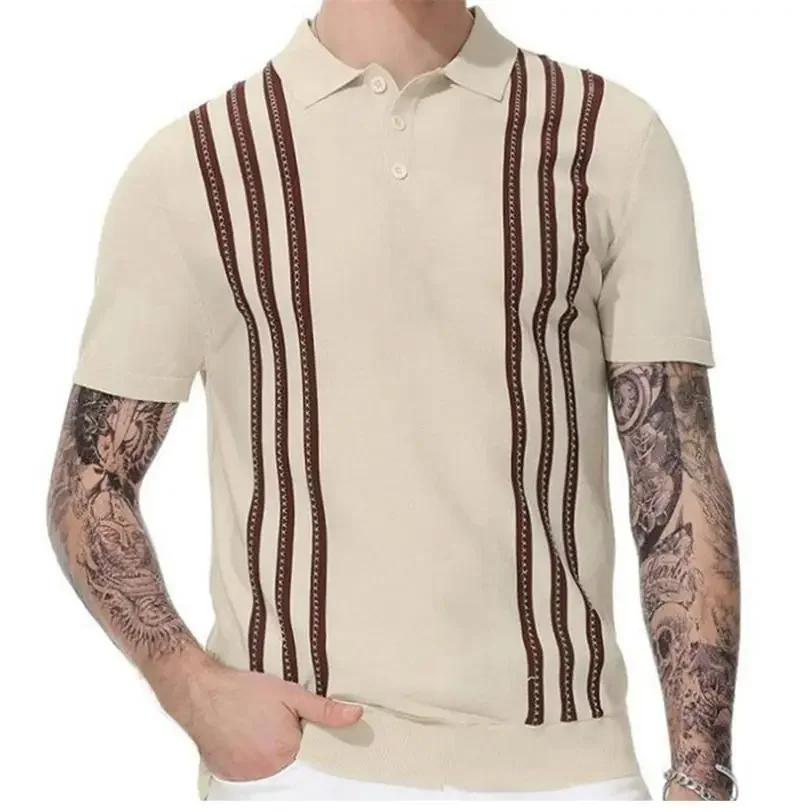 

Men's Black and White Stripe Polo Neck, Button Short Sleeve, Thin Business Casual Knit, New Street Fashion, Summer, 2023