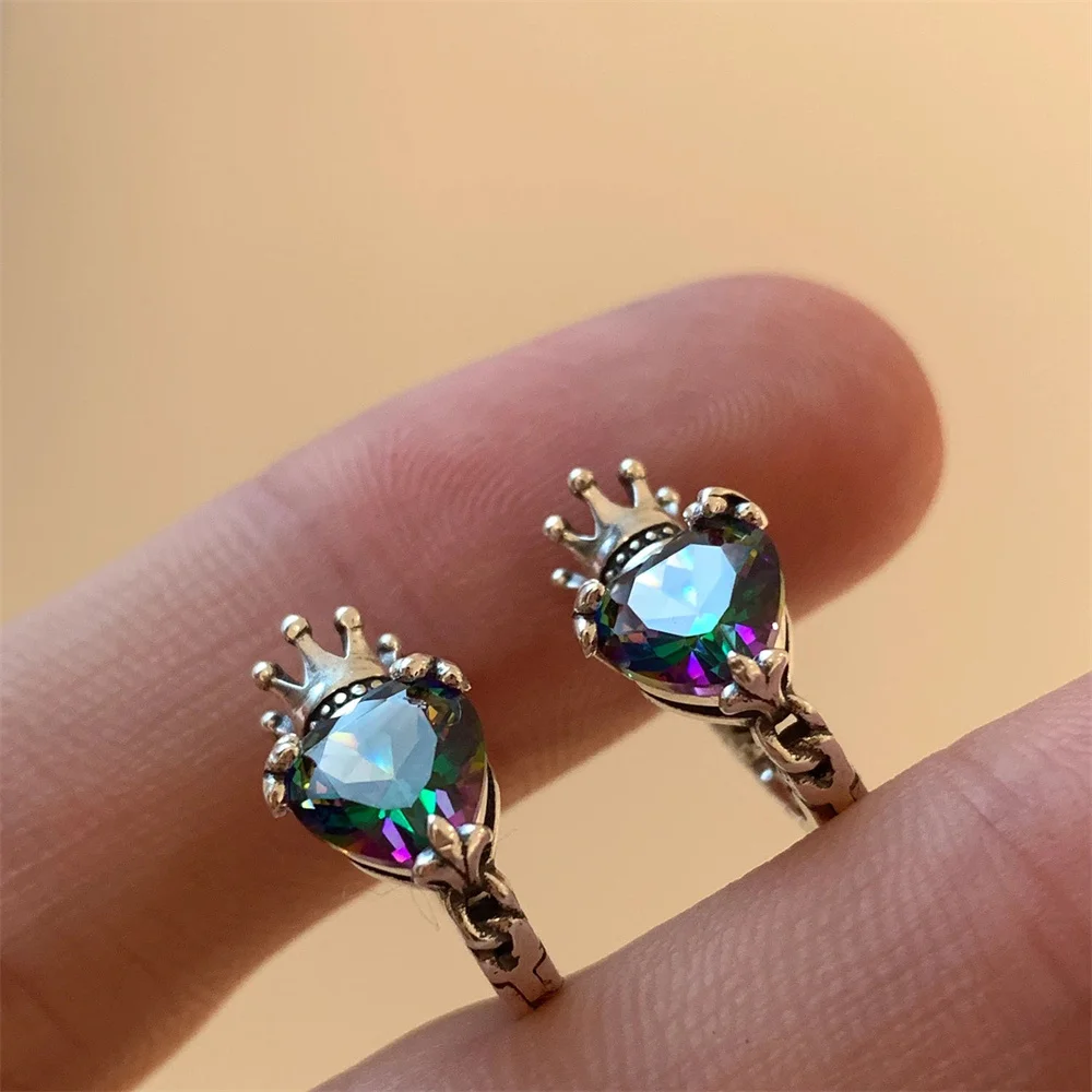 Rainbow Zircon Love Heart Stone Crown Hoop Earrings For Women Vintage Silver Color Small Ear Buckle Wedding Jewelry Party Gifts