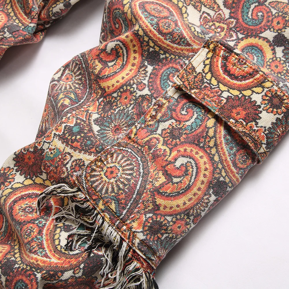Men Bandana Print Pants Plus Size Multi Pockets Cargo Jeans Fashion Tassels Paisley Bandanna Trousers 4