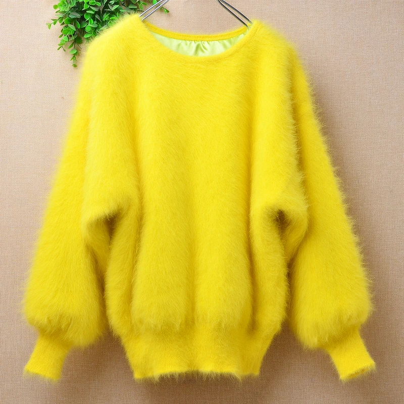 

04 Ladies Women Fall Winter Clothing Hairy Plush Mink Cashmere Knitted O-Neck Long Batwing Sleeves Slim Blouses Pullover Sweater
