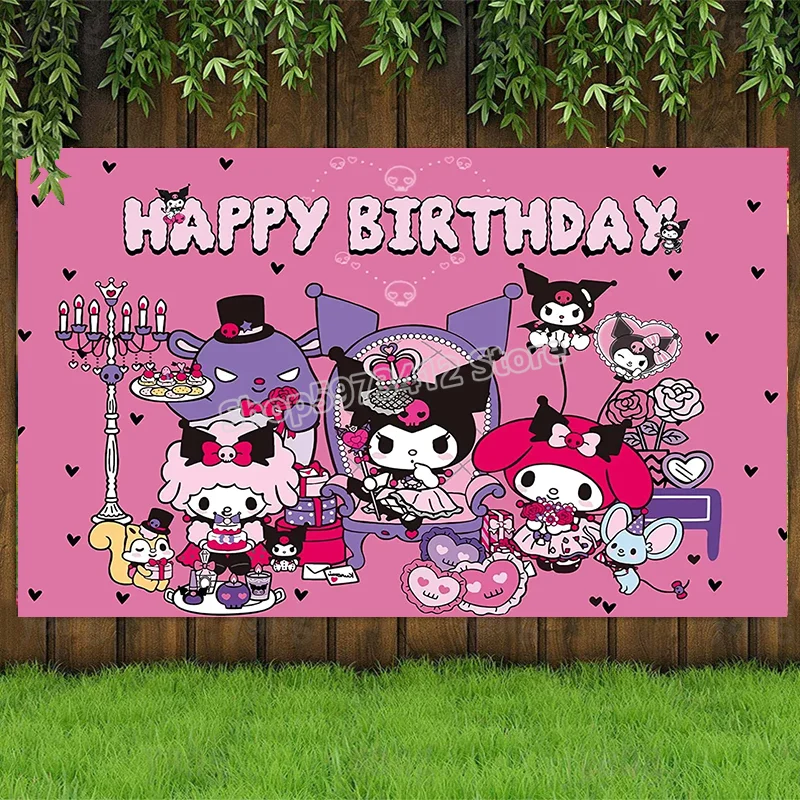 thumbnail image 1 of Nuevo póster de fondo de cumpleaños de Kuromi, suministros de decoración para fiestas de niñas, accesorios para fotos, decoración para baby shower, fondo de tela, regalo para niños, 1 of 5