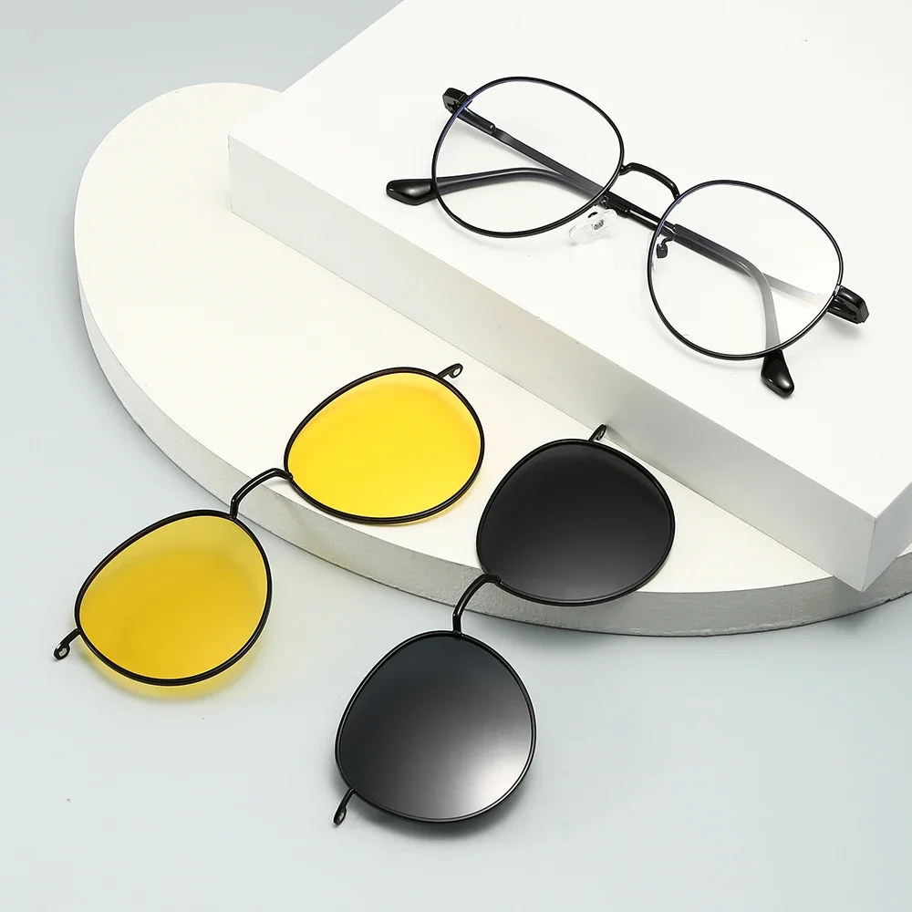 Roud Frame Polarized Sunglasses Magnetic Clip On Glasses Metal