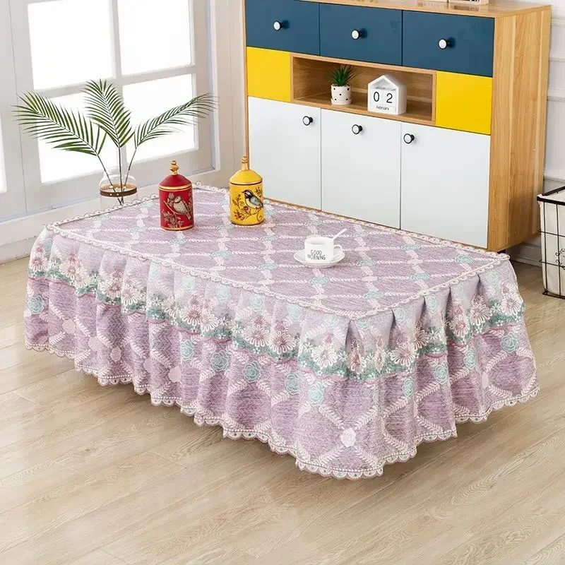 

Polyester Cotton Printed Tablecloth Embroidered Lace Edge Large Hem Coffee Table Cover Anti Slip Wear-resistant Home Dust Cover