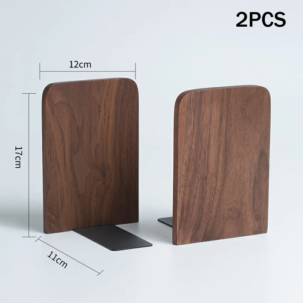 2Pcs Wooden Desktop Bookends Nature Wood Bookend with Metal Base Book Organizer Office Book Ends Stand Holder Shelf Bookrack