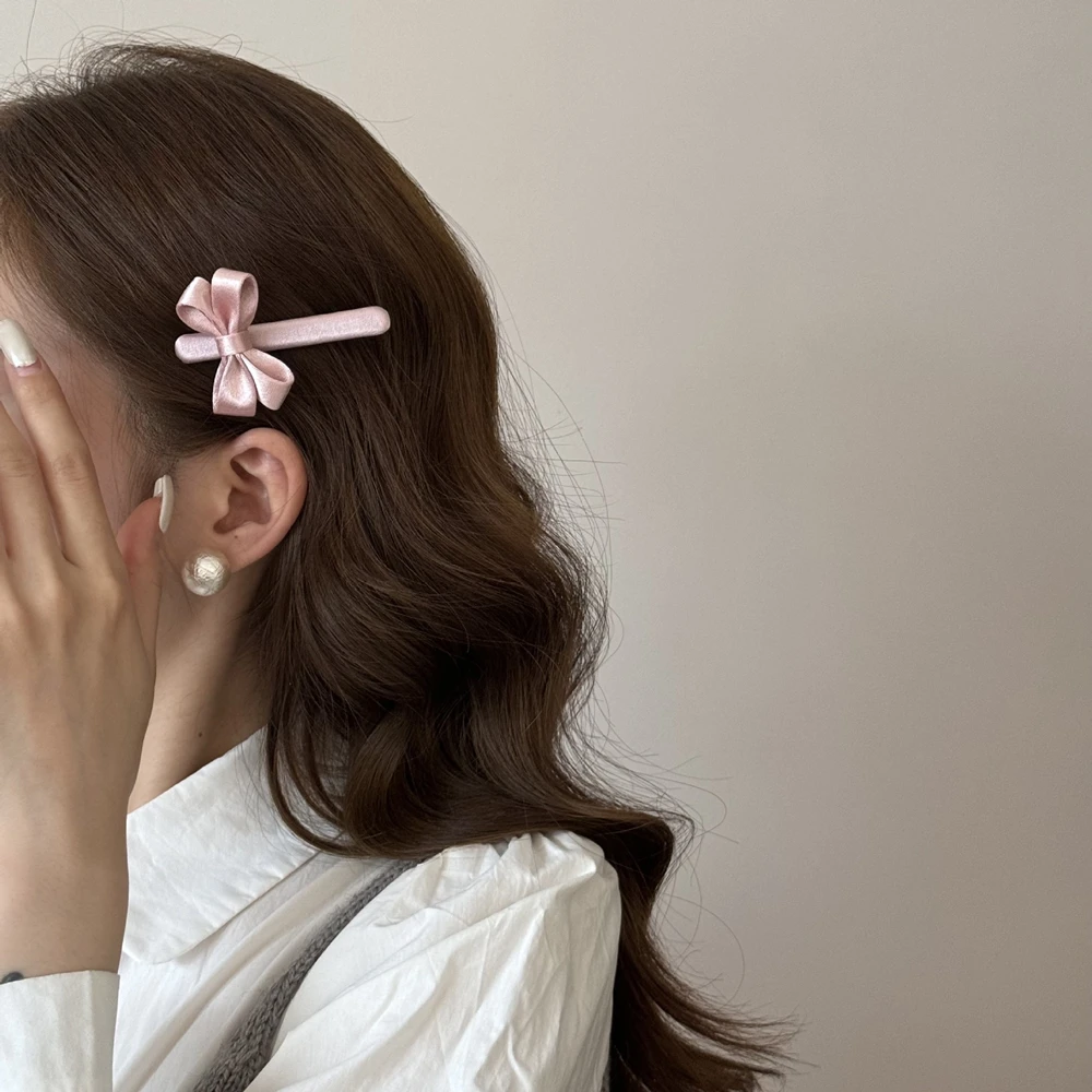 Korean 2026 Trend Elegant Pink Satin Bow Hair Clips Sweet Ribbon Barrettes