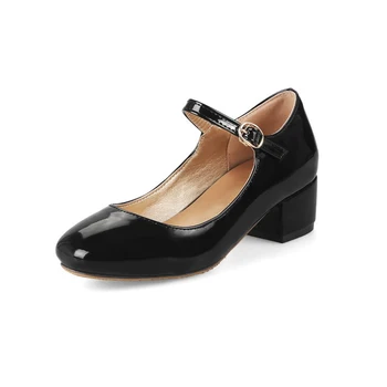 Big Size   ladies high heels women shoes woman pumps Shallow lacquer buckle with thick heel and square head
