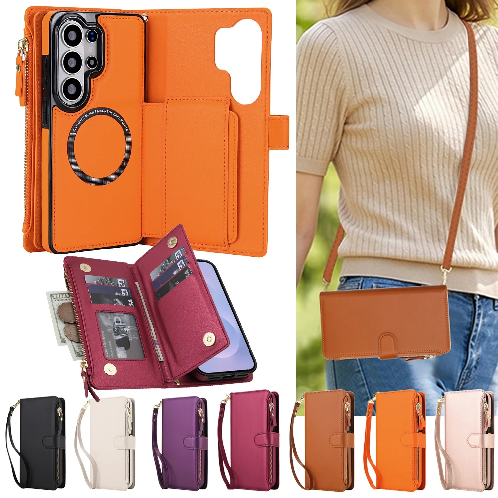 Premium Wireless Charging Flip Wallet Phone Case with Lanyard Strap and Bumper Protection