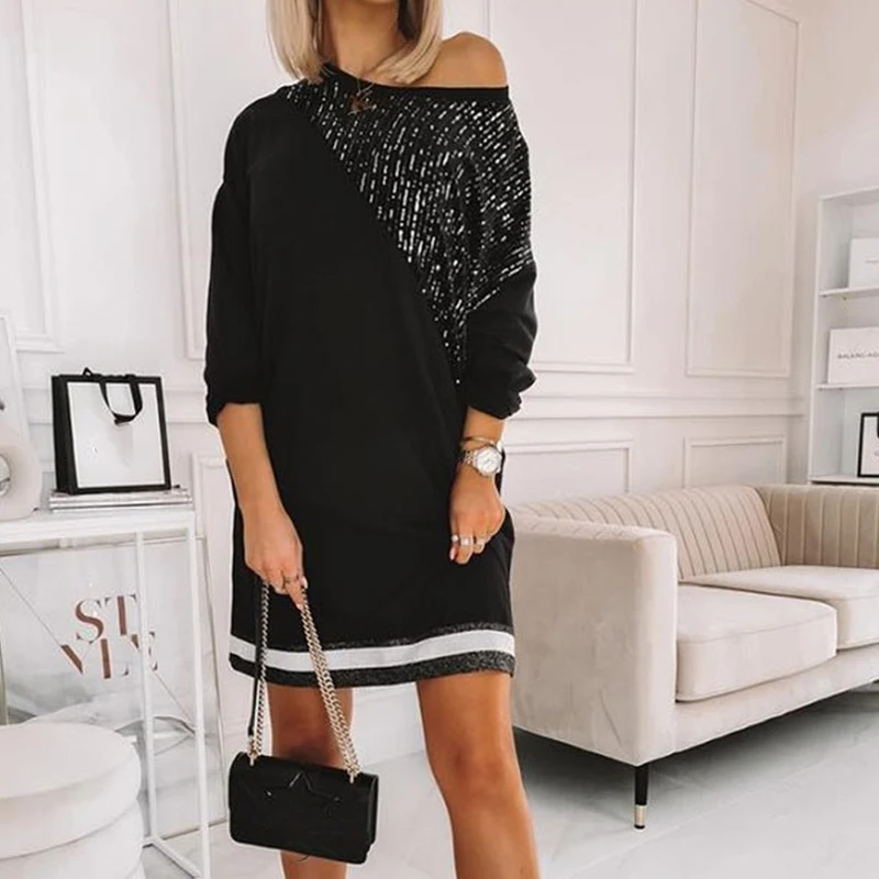 

Women Long Sleeve Pullover Dress Sweatshirt Elegant Casual O Neck Straight Dress Autumn Sequins Patchwork Commute Pullover Dress