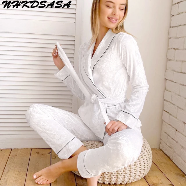 Winter Warm Pajamas Set Women Sleepwear Suit Velvet Sexy Pink Homewear  Pijama Woman Pajamas Long Pant Set Robe Three-piece Suit - Pajama Sets -  AliExpress