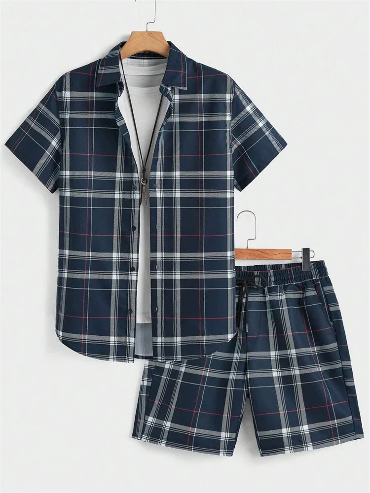 3D Plaid Print Men's Short-sleeved Shirt And Shorts Set Summer Daily Short-sleeved Shirt Outdoor Beach Men's Casual Shorts 2
