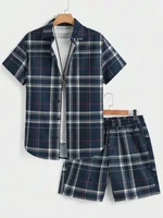 3D Plaid Print Men's Short-sleeved Shirt And Shorts Set Summer Daily Short-sleeved Shirt Outdoor Beach Men's Casual Shorts 2